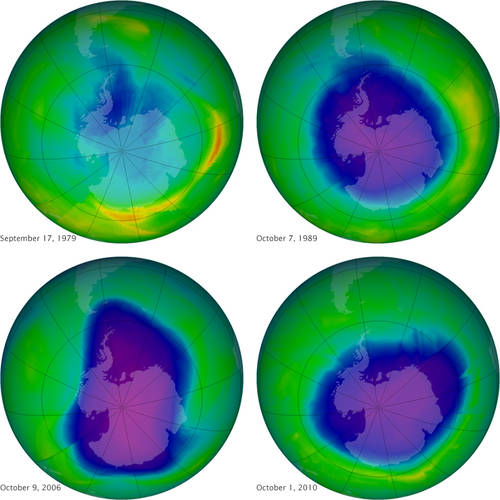 Figuur 1: Het ozongat boven de zuidpool ten tijde van de minimale ozonlaagdikte voor diverse jaren.