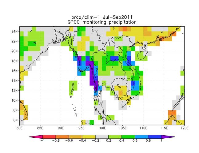 Fig.1 Waarnemingen van de neerslag in zuidoost Azië in juli-september 2011. De relatieve afwijking is uitgezet, rood geeft aan dat er bijna geen regen is gevallen, donkerblauw dat er twee keer zo veel als normaal gevallen is. (Bron: GPCC monitoring/first 