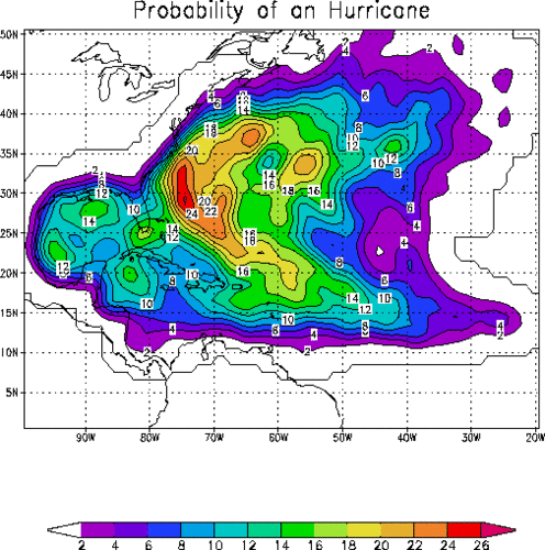 Figuur 2. De kans per jaar dat er een orkaan (boven) or tropischesterom (onder) binnen 100 mijl voorbijkomt (Todd Kimberlain, uit de Hurricane FAQ van Chris Landsea)