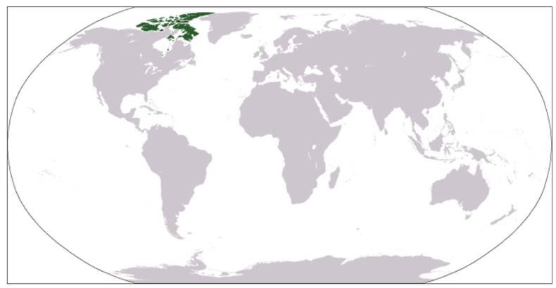 Figuur 1: De Canadese Arctische Eilanden liggen ten noordwesten van Groenland (source: CIA world fact book)