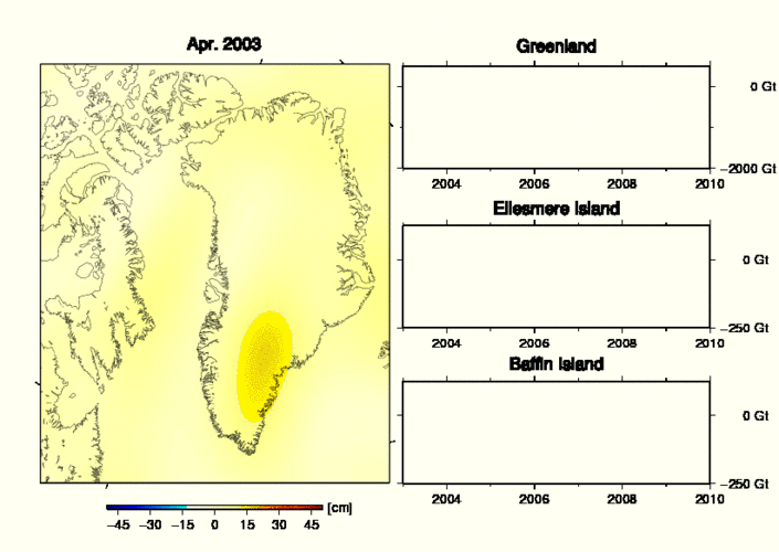 Figuur 4 (animatie): IJsmasa-anomalie in de regio zoals waargenomen door de GRACE satellieten. Een blauwe kleur betekent dat er plaatselijk ijs verdwenen is sinds 2003.