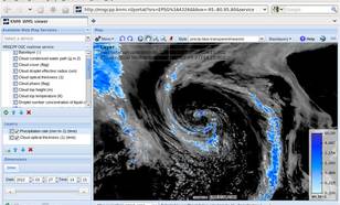 Figuur 5: De ADAGUC viewer met een gecombineerd beeld van wolken optische dikte met neerslag.