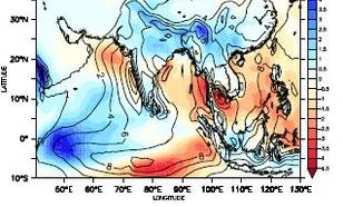 Figuur 1: Neerslagverschillen in millimeter per dag, voor het Mid-Holoceen enhet controle-experiment. Voor Noord-Afrika en Azie, figuren a en b, is hetgemiddelde van juli-augustus-september genomen. Voor Zuid-Amerika, figuurc, is het gemiddelde van januar