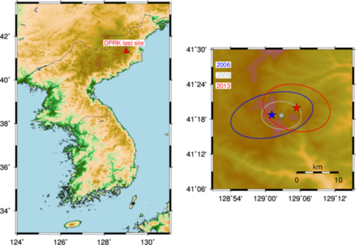De Punggye-ri test site in de DPRK (links) en de locaties van de drie nucleaire tests in 2006, 2009 en 2013 (rechts). De onzekerheid in de locaties is weergegeven met een onzekerheidsellips. De locatie van de huidige test moet als voorlopig beschouwd word