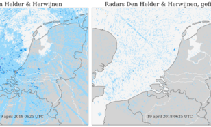 kaarten van nederland met voorbeeld van (zee)clutter in het radarbeeld en met filter. 