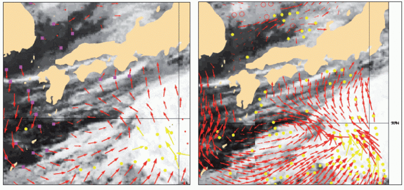 Figure 6. 100-km (left) and corresponding 25-km (right) QuikScat wind product. The latter shows additional mesoscale detail not present in the former. Yellow dots denote WVC QC, while yellow arrows fail the 2D-VAR spatial consistency check. GOES IR cloud 