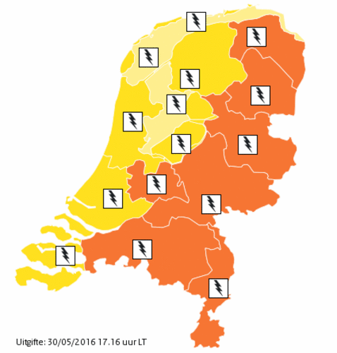 Kaart 9: Provincies waar een code oranje uitstond op 30 mei 2016