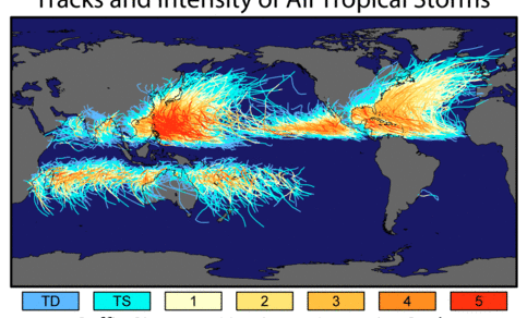 Baan en intensiteit van tropische cyclonen gebaseerd op gegevens van de afgelopen anderhalve eeuw ©NASA  