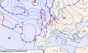 Figuur 1: Weerkaart 13 augustus 2024 18 UTC (20:00 lokale tijd) 