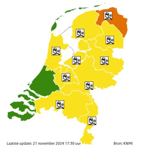 Figuur 3: Uitgegeven waarschuwingen KNMI 21 november 17:30 uur