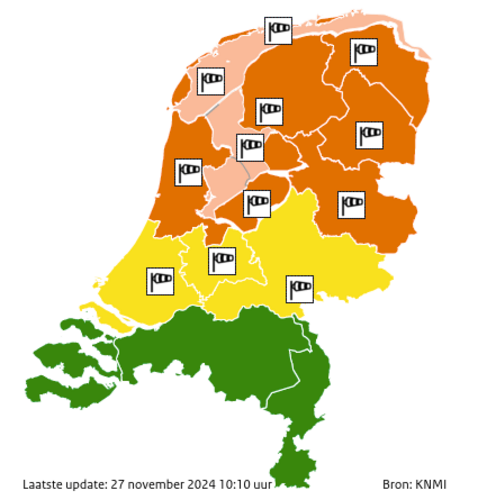 Figuur 3: Uitgegeven waarschuwingen KNMI 27 november 10:10 uur