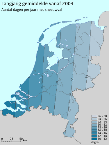 Figuur 6: Gemiddeld aantal dagen per jaar met sneeuwval (2003-2020)