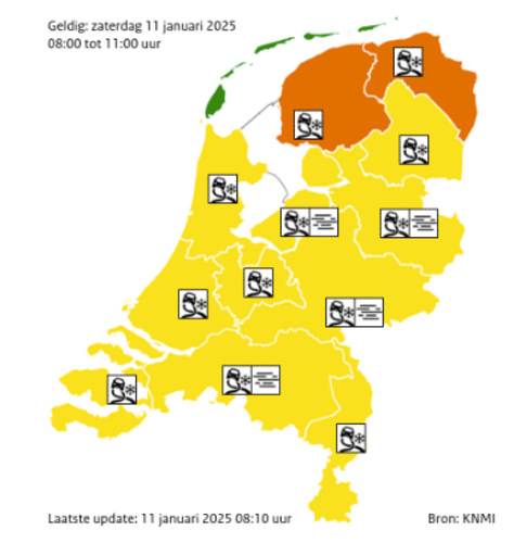 Figuur 3: Uitgegeven waarschuwingen KNMI 11 januari.