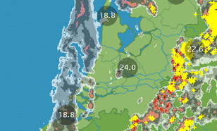 Figuur 2: Neerslag en temperatuur om 17:00 uur. Gele plusjes geven bliksemontladingen aan.   