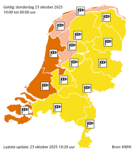 kaart met waarschuwingen KNMI 23 oktober 10:26 uur
