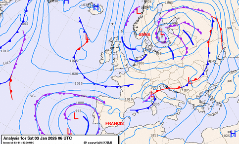 Figuur 1: weerkaart zaterdag 3 januari 7:00 uur lokale tijd.