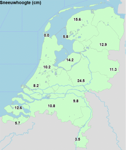 Figuur 4: Gemeten sneeuwhoogte op KNMI automatische weerstations om 18:00 uur lokale tijd