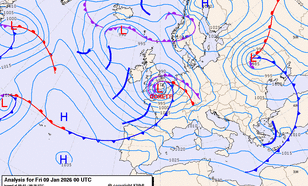 Figuur 1: Weerkaart vrijdag 9 januari 1:00 uur 