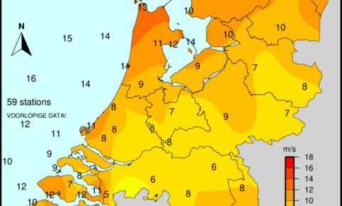 Figuur 4: Hoogst gemeten uurgemiddelde windsnelheid in meter per seconde op 9 januari