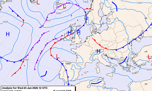 Figuur 1: weerkaart 24 juni 12 UTC (14:00 uur lokale tijd)
