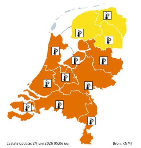 Figuur 6: Uitgegeven weerwaarschuwingen voor woensdag en donderdag 24 en 25 juni 2026