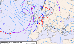 Figuur 1: weerkaart 27 juni 18 UTC (20:00 uur lokale tijd)