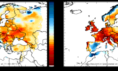 Figuur 2c. Neerslag afwijkingen van normaal in april 2007 (links) en april 2009 (rechts) in de E-OBS analyses.