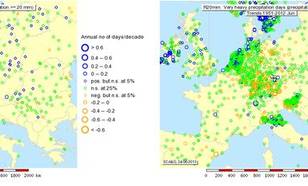 Figure 11: Trend over 1951-2012 in very heavy precipitation days (>20mm) for May (left) and June (right) (source: ECA&D).
