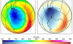 Figuur 1. Gemiddelde dikte van de ozonkolom boven de zuidpunt van Zuid Amerika in Dobson Units (1 DU ~ 2.69 10^18 moleculen/cm2) voor 11-30 november 2009 (links) en de afwijking ten opzichte van het langjarige gemiddelde voor 1979-2008 (rechts).