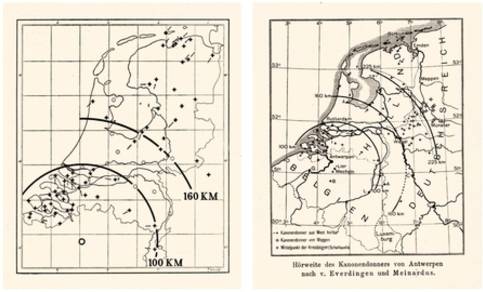 Figuur 5: De hoor- en voelbaarheid van het geluid samenhangend met de belegering van Antwerpen in 1914 (Van Everdingen, 1914; Meinardus, 1915).