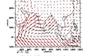 Figuur 2: Wind tijdens het Mid-Holoceen (rood) en in het controle-experiment(zwart). Voor Noord-Afrika en Azie, figuren a en b, is het gemiddelde van juliaugustus-september genomen. Voor Zuid-Amerika, figuur c, is het gemiddeldevan januari-februari-maart 