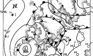 kaart met het weer aan het aardoppervlak op 25 juni 1967 om 13.00 uur. De vulling van de stationcirkels geeft de bedekkingsgraad aan. De strepen aan de cirkels wijzen in de richting van waaruit de wind waait.