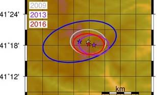 Figuur 1b De locaties van de vier Noord-Koreaanse kernbomproeven en onzekerheidsellipsen (de onzekerheid in de locaties) zijn gegeven. © KNMI 