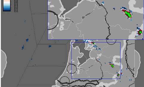 Figuur 6: Hagelgrootte berekend uit informatie van de KNMI-neerslagradars om 14.55 uur LT