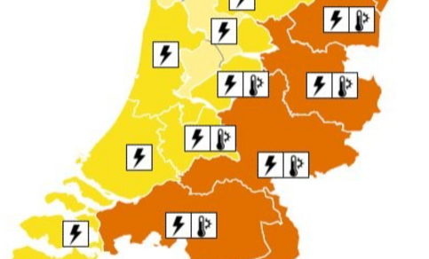 Figuur 5: Uitgegeven waarschuwingen KNMI 2 juli 16:56 uur. Noord-Brabant kleurt nog oranje vanwege de code oranje voor hitte, niet vanwege de onweersbuien. 