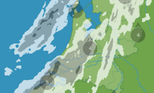 Figuur 2: Radarbeelden en gemeten windsnelheid (Bft) om 6:55 uur lokale tijd