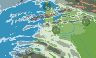Figuur 2: Radarbeelden en gemeten temperatuur (°C) om 5:55 uur 