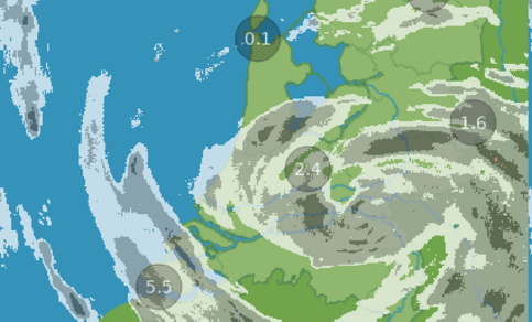 Figuur 5: Radarbeelden en gemeten temperatuur (°C) om 14:55 uur 