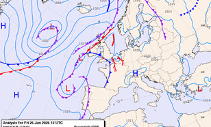 Figuur 2: weerkaart 26 juni 12 UTC (14:00 uur lokale tijd)