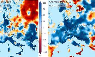 Figure 9: Precipitation anomaly in percentage for July 2002 (left) and May 2013 (right) w.r.t. the normal amount over the period 1981-2010 (source: E-OBS).