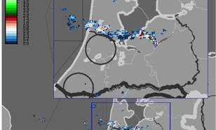 Figuur 4: Hagelgrootte berekend uit informatie van de KNMI-neerslagradars om 12.35 uur LT