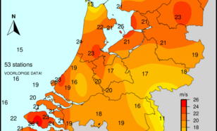 Figuur 5: Maximaal gemeten windstoten op 24 augustus op de officiële KNMI-stations. 