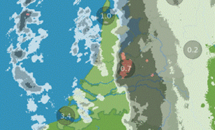 Figuur 3: radarbeelden en gemeten temperatuur (°C) om 1:55 uur plaatselijke tijd op 12 januari