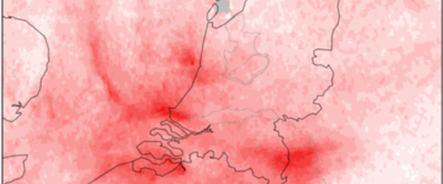 kaartje van nederland met NO2 metingen van Tropomi tijdens de coronacrisis in 2020