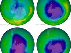 Figuur 1: Het ozongat boven de zuidpool ten tijde van de minimale ozonlaagdikte voor diverse jaren.