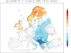 Kaart van Europa waarop te zien is dat Zuid-Oost Europa veel kouder is dan normaal van 7-11 januari.
