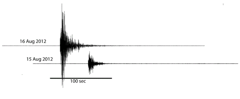 Seismogram van de aardbeving in Leermens en Huizinge (15 en 16 augustus 2012). 