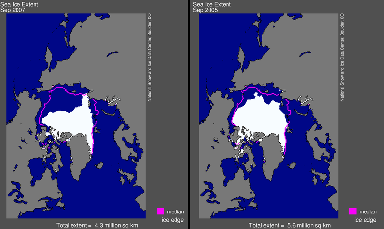 Kaart met de verschillen tussen de ijsbedekking in september 2007 (links) en het oude record in 2005 (rechts). 