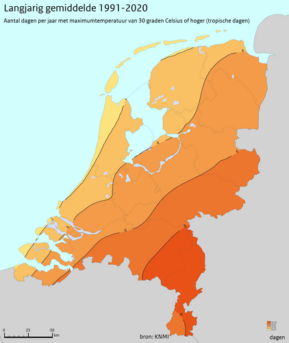 Kaart van Nederland met in verschillende kleuren het aantal tropische dagen.