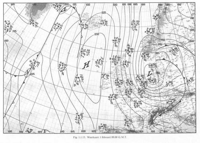 Uitgebreide weerkaart KNMI, 1 februari 1953, 00u00 GMT